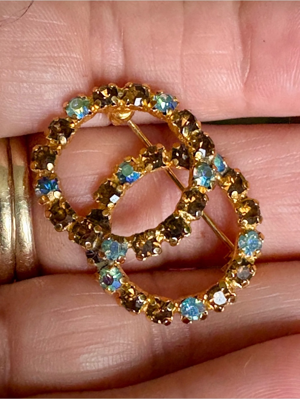 Vintage Gold-Tone Double Circle Brooch with Blue and Amber Crystals